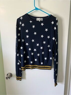 Wildfox Navy and White Star Crewneck Sweater with Gold Trim